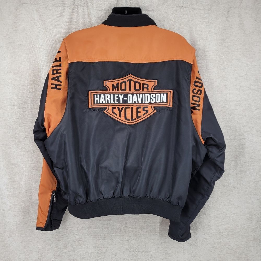 Harley Davidson Y2K Riding Jacket Large Black Orange Shield Nylon Bomber Zip